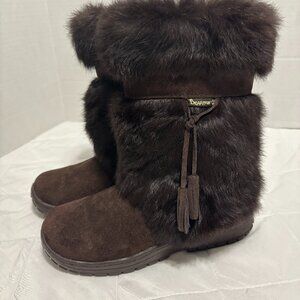 Bearpaw Women’s 7 Brown Suede Rabbit Fur Wool Sheepskin Winter Boots Tassel Trim
